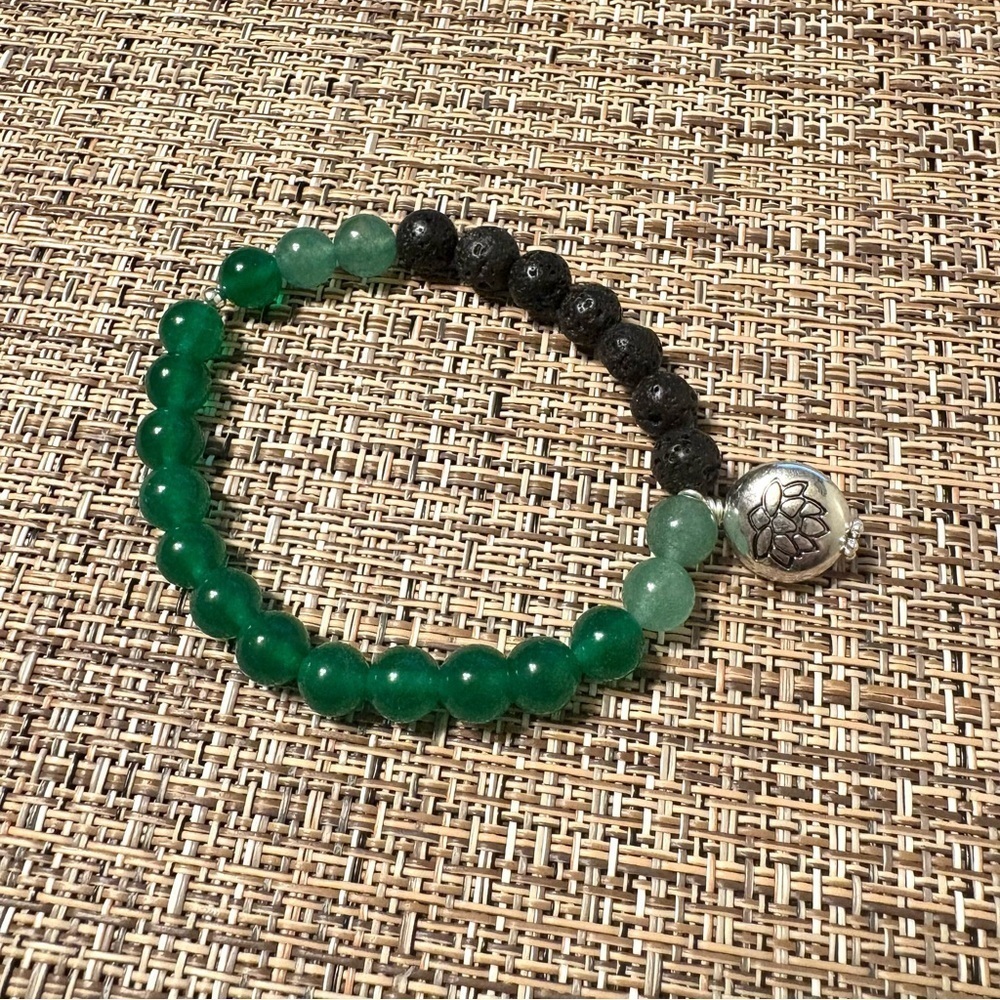 Green Aventurine and Natural Black Lava Beaded Bracelet with Silver Lotus Charm - Picture 3 of 3
